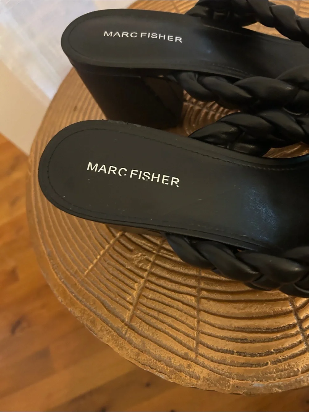 Marc Fisher Black Braided Square-Toe Thong Sandals